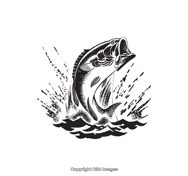 Black and White Illustration of a Jumping Fish Splashing in Water