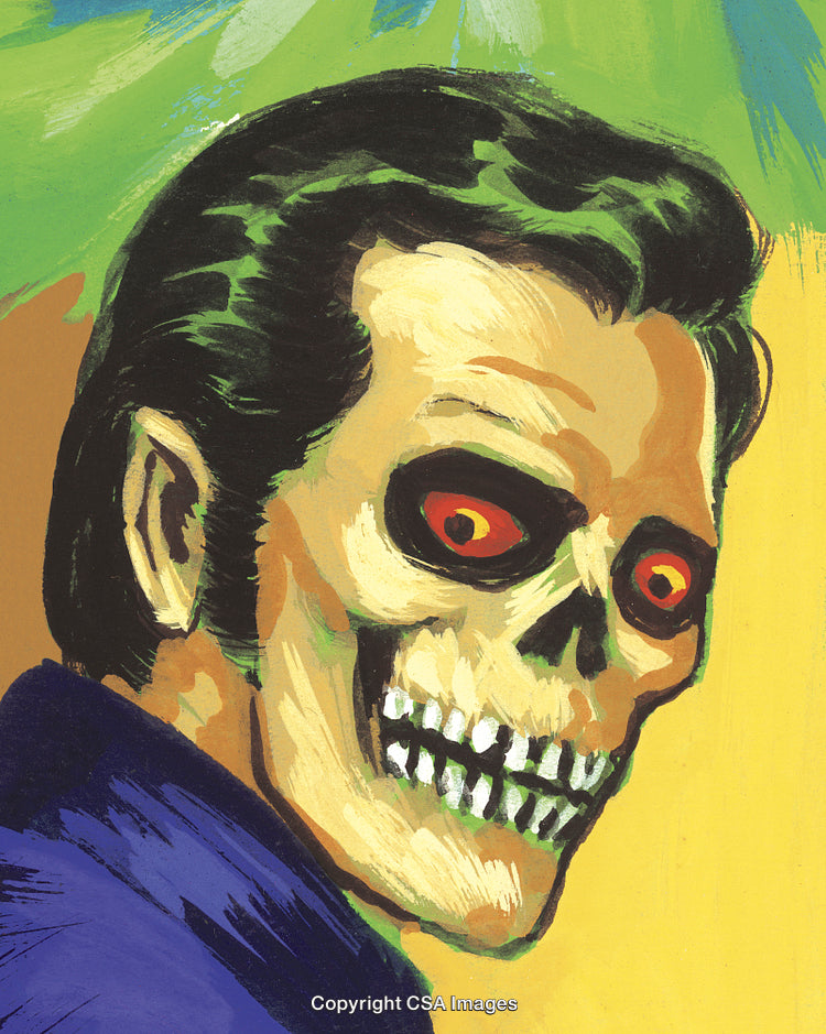 Vintage Illustration of a Skull-Faced Figure in Vibrant Colors