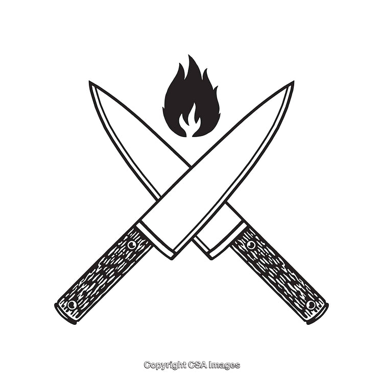 Crossed Chef Knives with Flame in Black and White Line Art