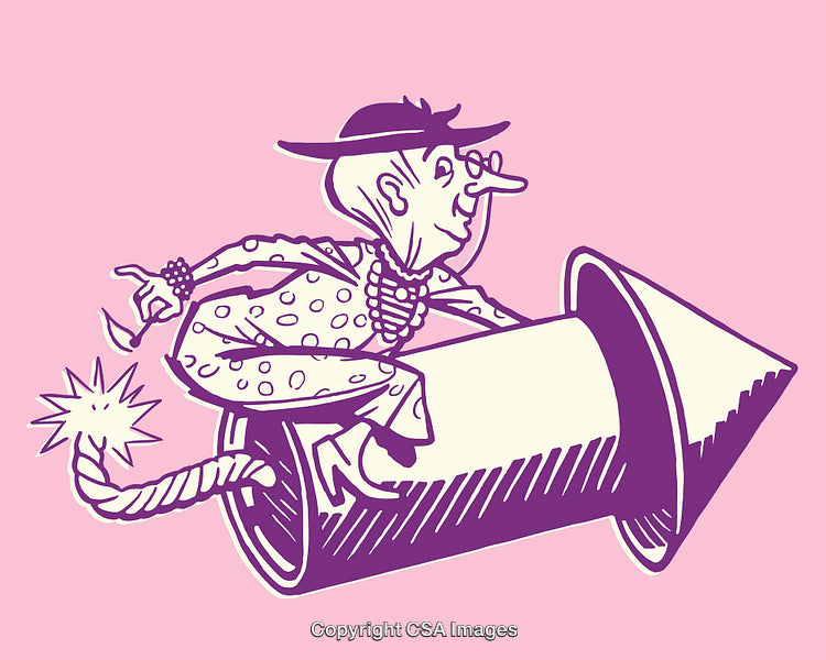 Vintage Cartoon Art Depicting a Character Riding a Rocket Illustration