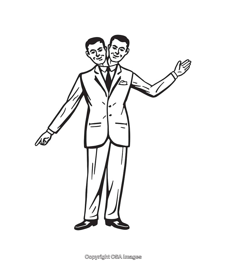 Dual-Headed Businessman Illustration with Gesture in Black and White Line Art
