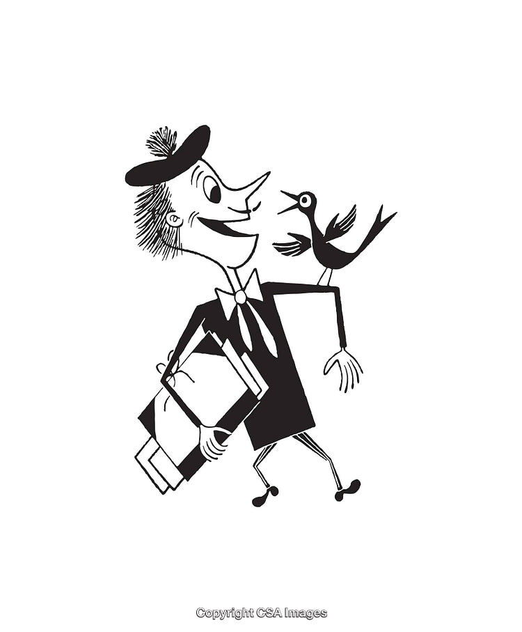 Charming Line Art of Man with Bird in a Cheerful Pose