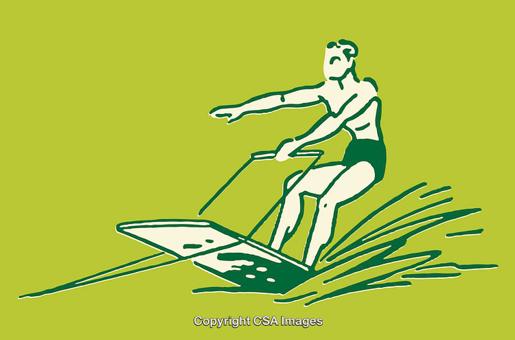 Vintage Line Art Illustration of a Man Waterskiing in Motion