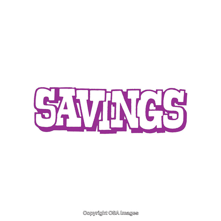 Purple Text Displaying Savings in Bold Letters on White Background