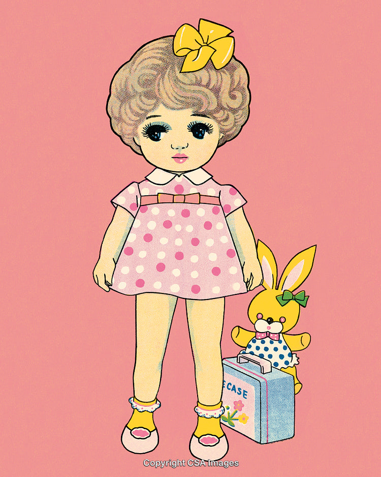 Vintage Illustration of a Cute Girl With Bunny and Travel Suitcase