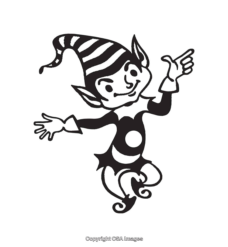 Comic Style Black and White Illustration of a Cheerful Elf Character