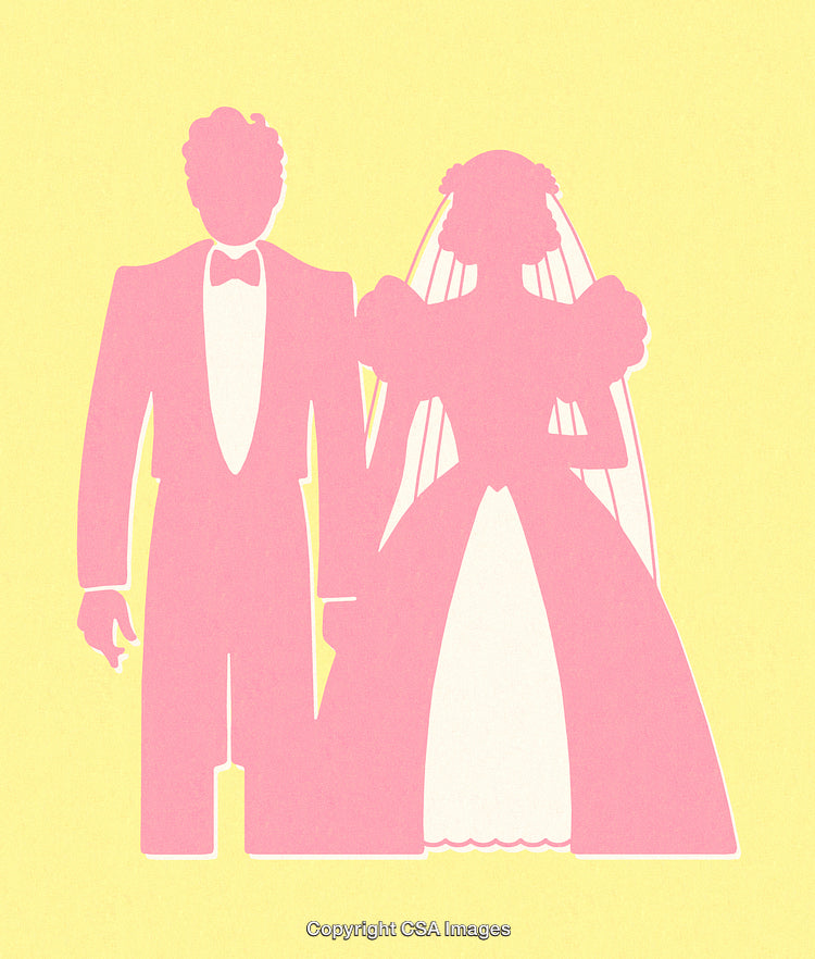 Silhouette of a Bride and Groom in Wedding Attire on a Yellow Background