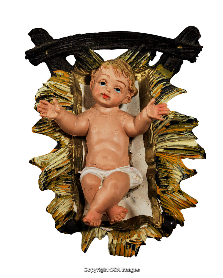 Decorative Baby Jesus Figurine in a Manger with Golden Details