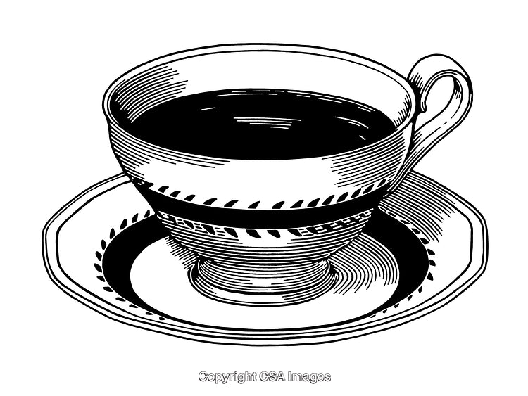 Detailed Black and White Engraving of Tea Cup and Saucer Resting on Table