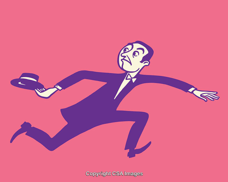 Colorful Cartoon Illustration of a Running Man in a Suit and Hat
