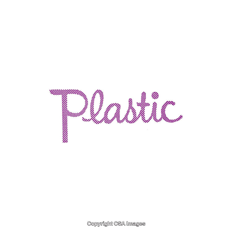 Purple Halftone Typography of the Word 'Plastic' on White Background