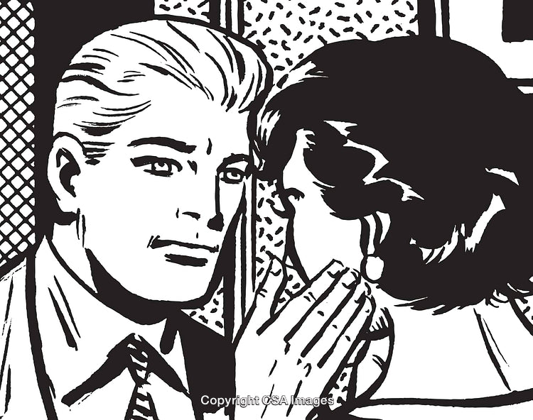 Retro Style Pop Art Illustration of Two People Whispering a Secret