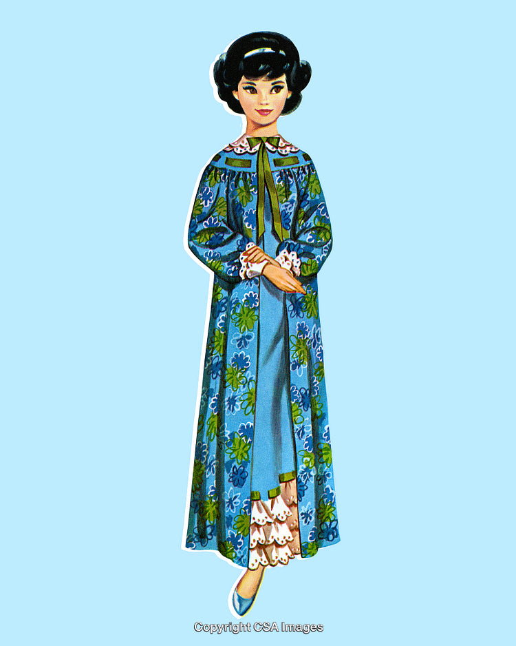 Vintage Illustration of Woman Wearing Blue Floral Night Gown