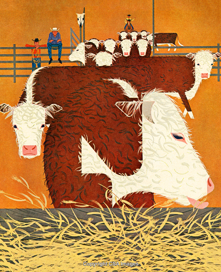 Illustration of Cattle and Cowboys in a Western Ranch Setting