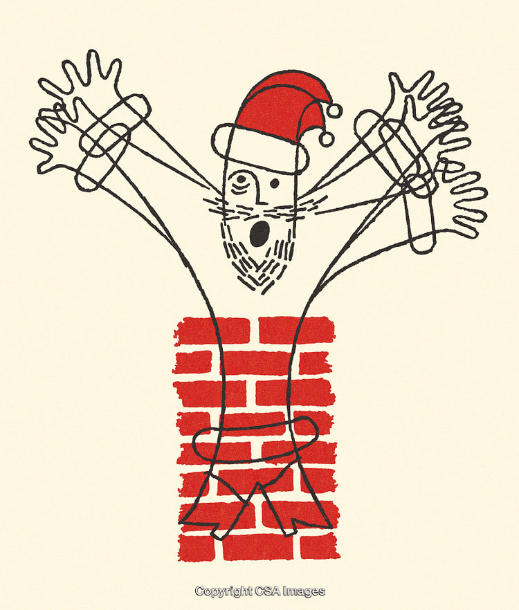 Whimsical Santa Illustration in Chimney with Playful and Surprising Line Art Style