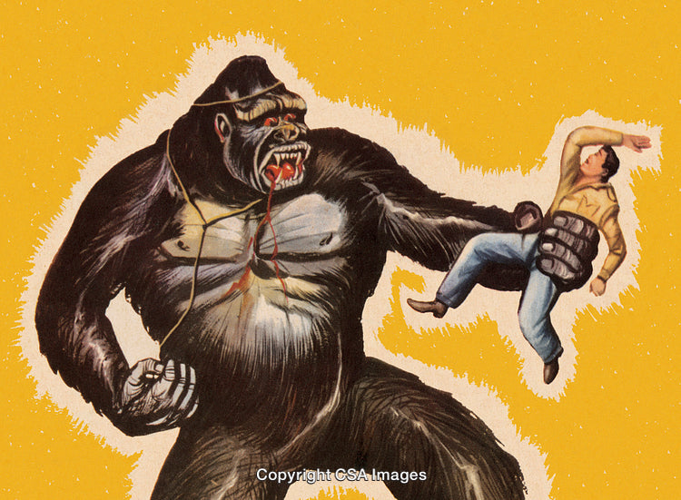 Giant Gorilla With Fierce Expression Holding a Struggling Man on Yellow Background