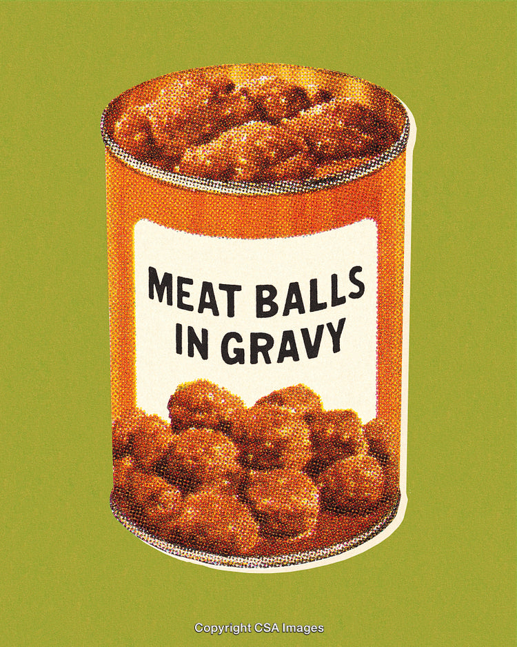 Retro Style Meatball Can with Pop Art Dot Screen Effect on Green Background