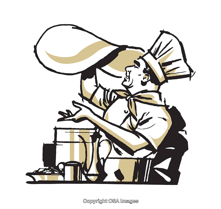 Illustration of a Skilled Chef Tossing Pizza Dough in a Kitchen