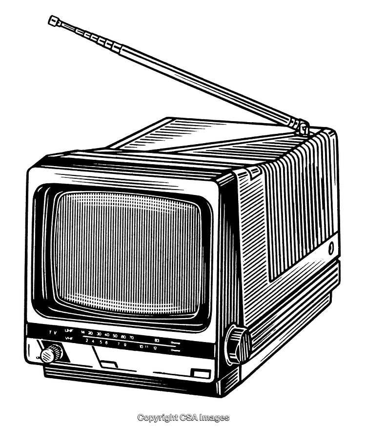 Vintage Television Illustration with Antenna in Black and White Engraving Style