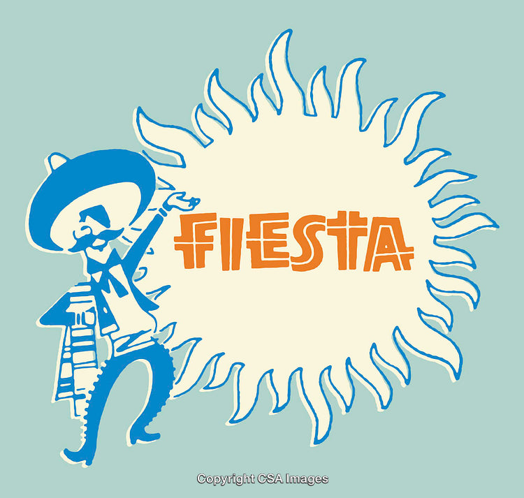 Colorful Fiesta Illustration Featuring Sunburst and Celebratory Cartoon Character