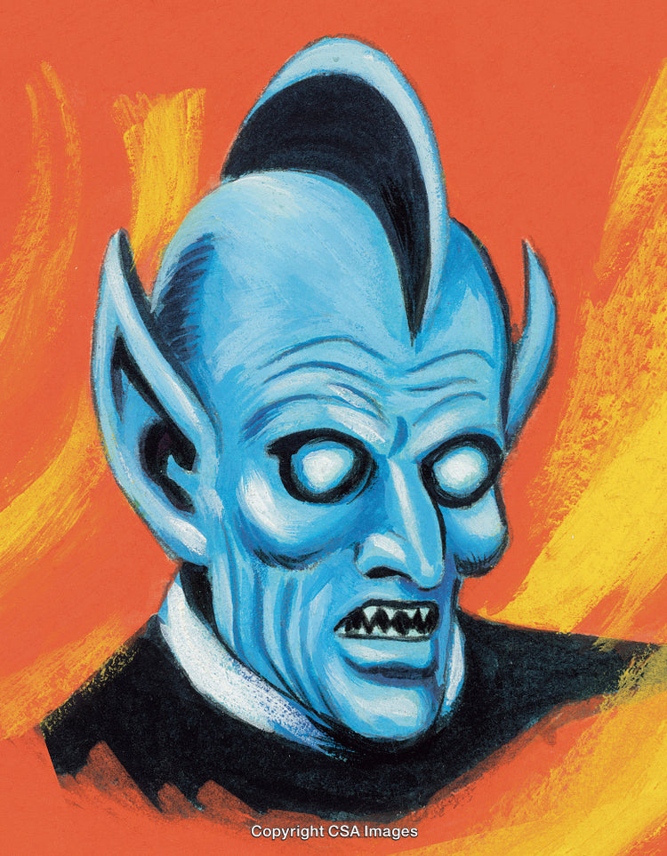 Colorful Illustration of Blue Alien Character with Fiery Background