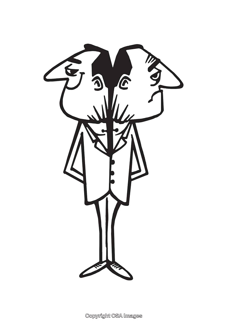 Illustrated Line Art of a Dual-Faced Man in Black and White