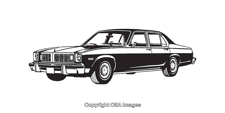 Vintage Black-and-White Line Art Illustration of a Classic Sedan Car Design