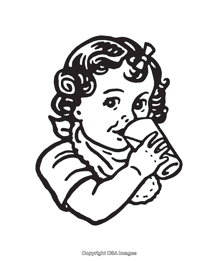 Adorable Baby Drinking From a Bottle in Black and White Illustration
