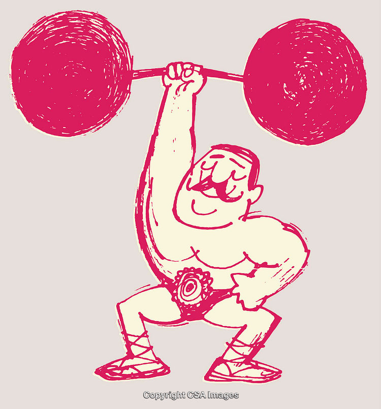 Vintage Cartoon Illustration of Strong Man Lifting Heavy Barbell