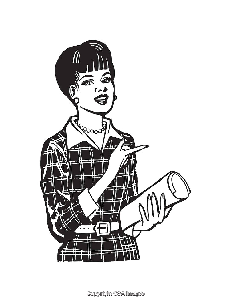 Retro Style Illustration of a Woman Holding Documents and Smiling