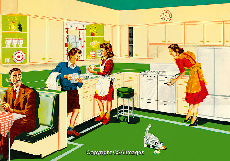 Retro Family in a Vintage Kitchen Enjoying Domestic Chores Together