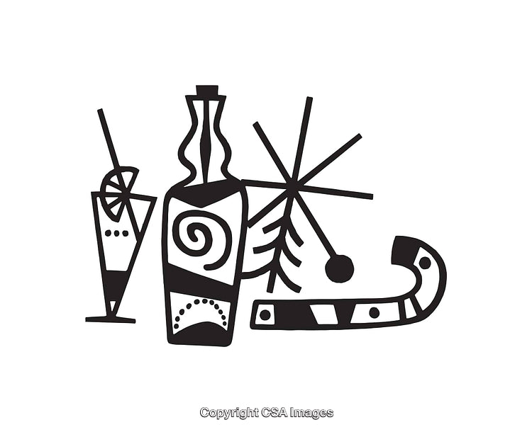 Black and White Line Art of Festive Drinks and Celebration Symbols
