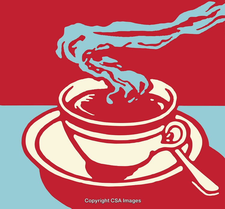 Warm Coffee Illustration with Steam in Red, White, and Blue Shades