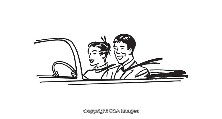 Retro Black and White Illustration of a Couple Driving a Convertible Car