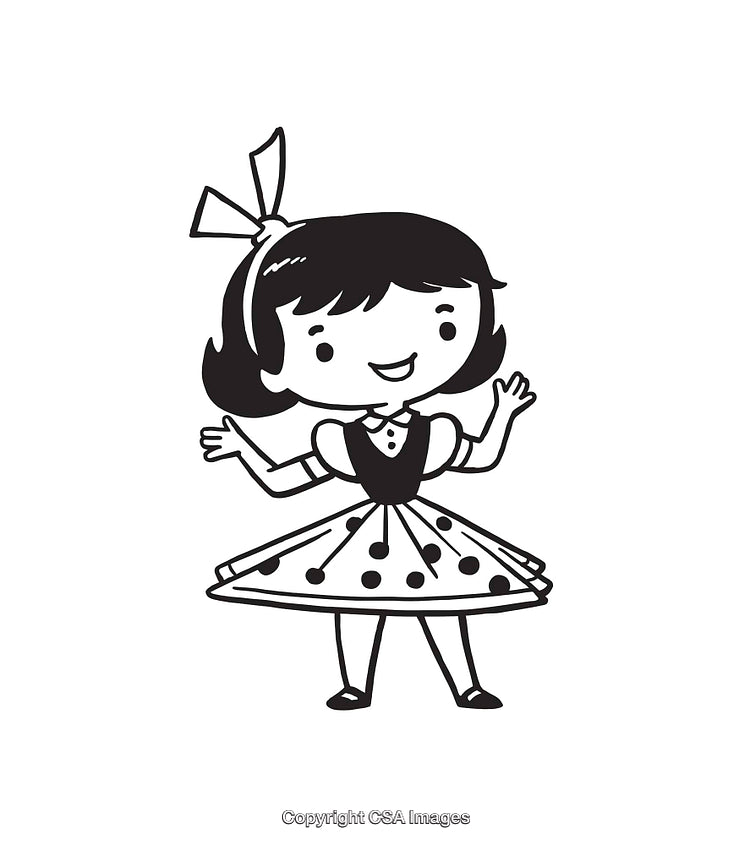 Cheerful Cartoon Girl in Polka Dot Dress Line Art Illustration