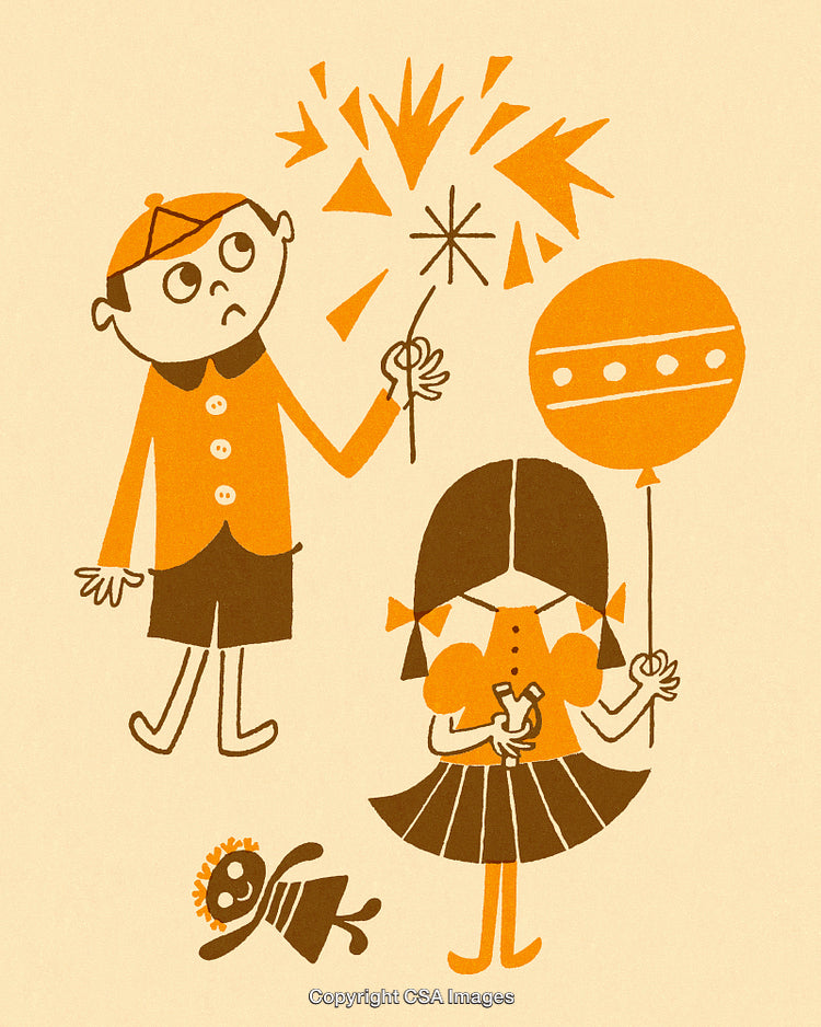 Retro Style Illustration of Children Playing with Sparklers and Balloon