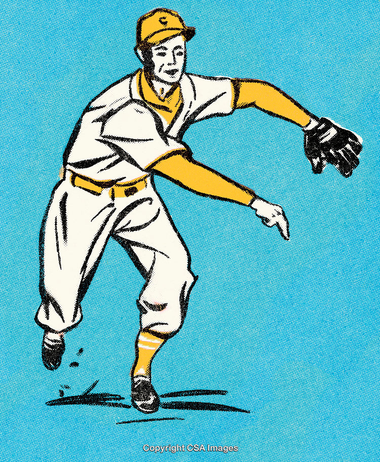 Vintage Baseball Player Illustration in Action Pose on Blue Background