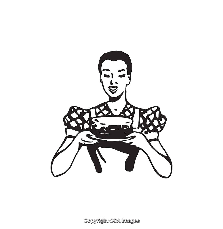 Black and White Line Art of Woman Presenting a Cake