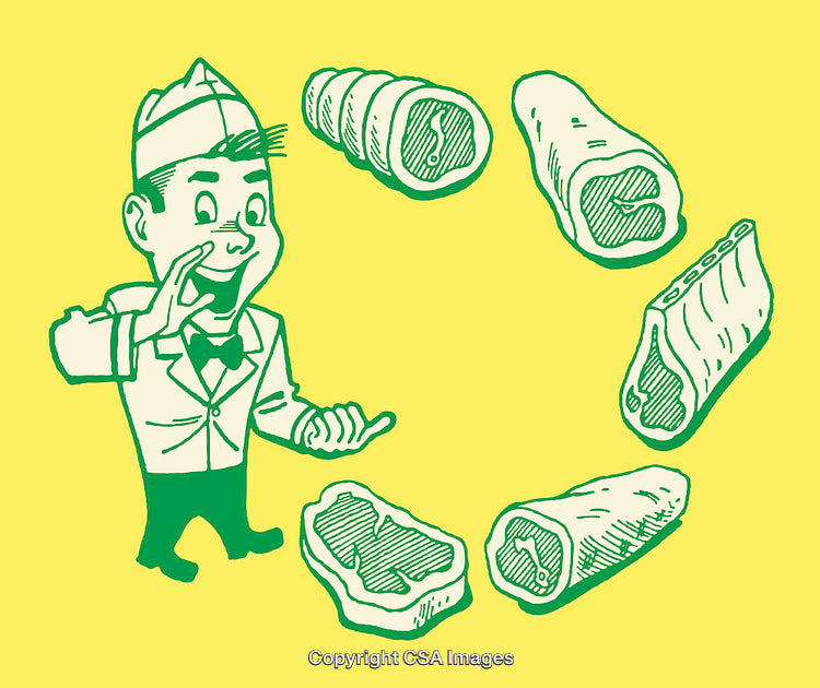 Retro Butcher Illustration with Cuts of Meat on Yellow Background