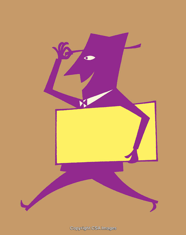 Vibrant Purple Character Holding Yellow Sign on Brown Background Illustration