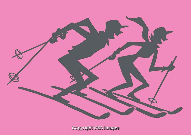 Playful Illustrated Skiing Couple on Vibrant Pink Background