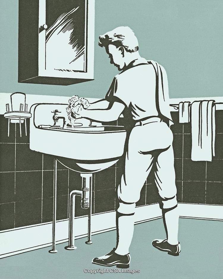 Vintage Illustration of Man Washing Hands in Bathroom with Clean Theme
