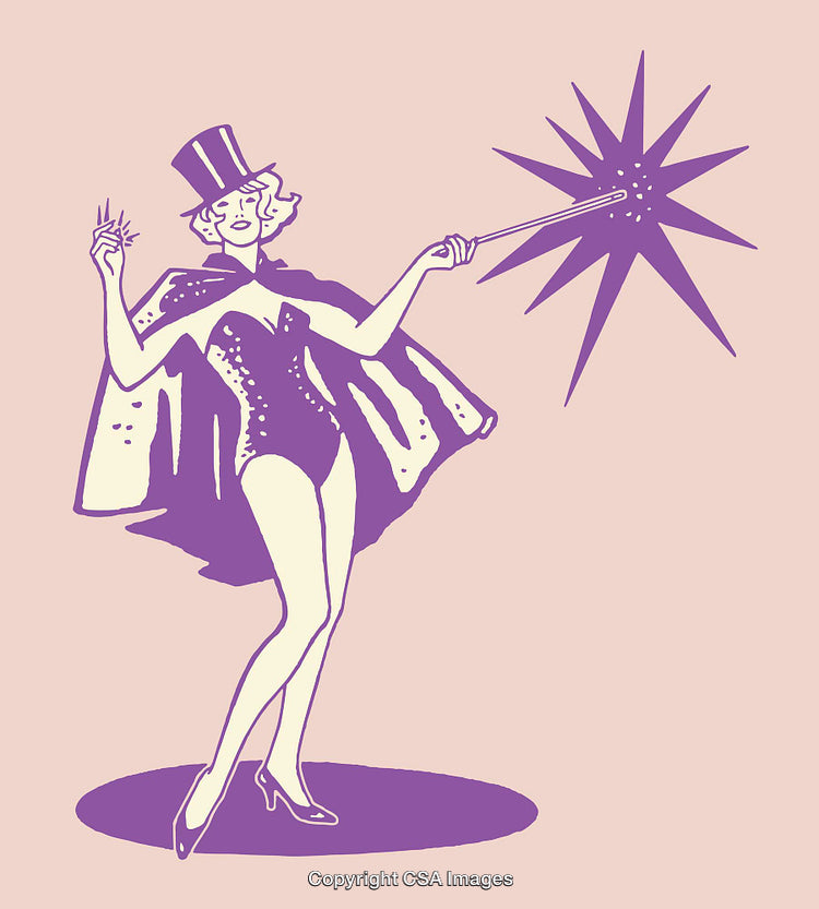 Colorful Illustration of a Woman Performing a Magic Trick with a Wand