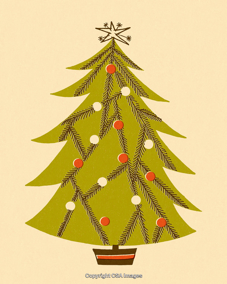 Vintage Christmas Tree Illustration with Festive Decorations and Star Topper
