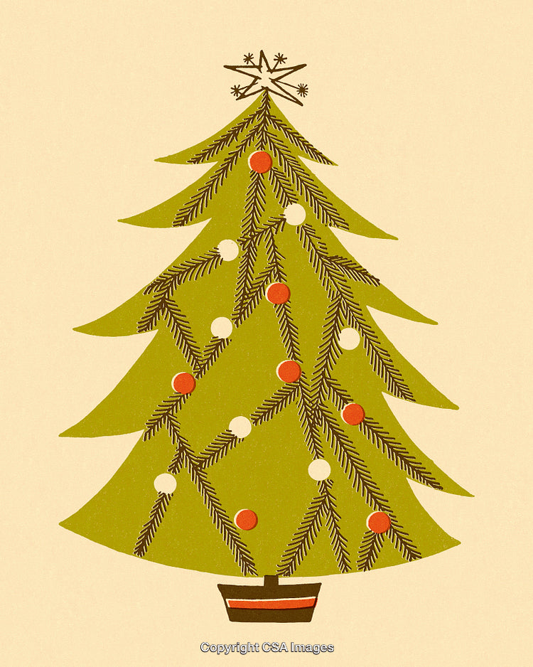Vintage Christmas Tree Illustration with Festive Decorations and Star Topper