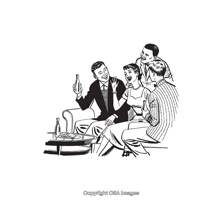 Group of Friends Enjoying a Conversation in Vintage Line Art Style