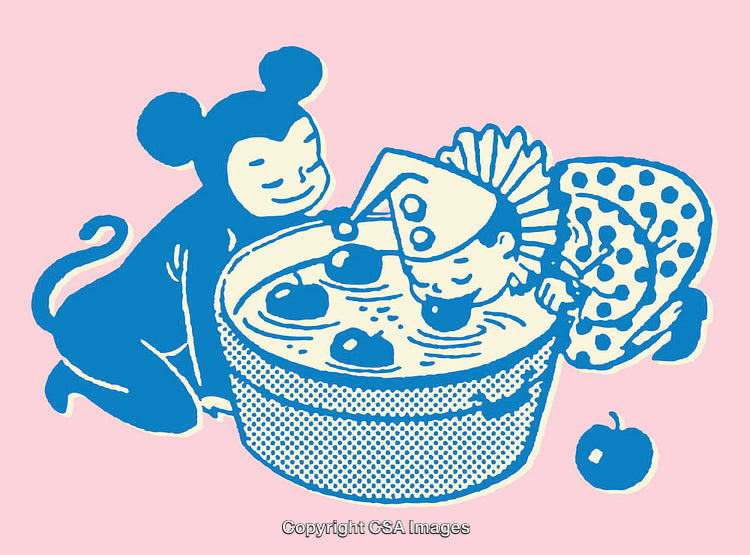 Playful Children Enjoying Bobbing for Apples in Colorful Artwork