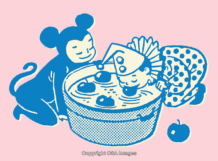 Playful Children Enjoying Bobbing for Apples in Colorful Artwork