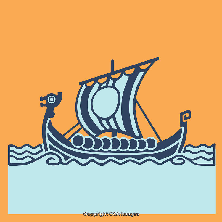Colorful Illustration of a Viking Longship Sailing in Stylized Waves