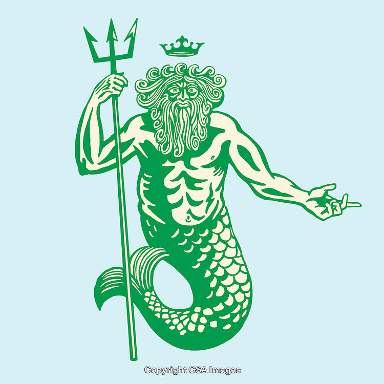 Green Illustration of a Mythical Poseidon Character Holding a Trident